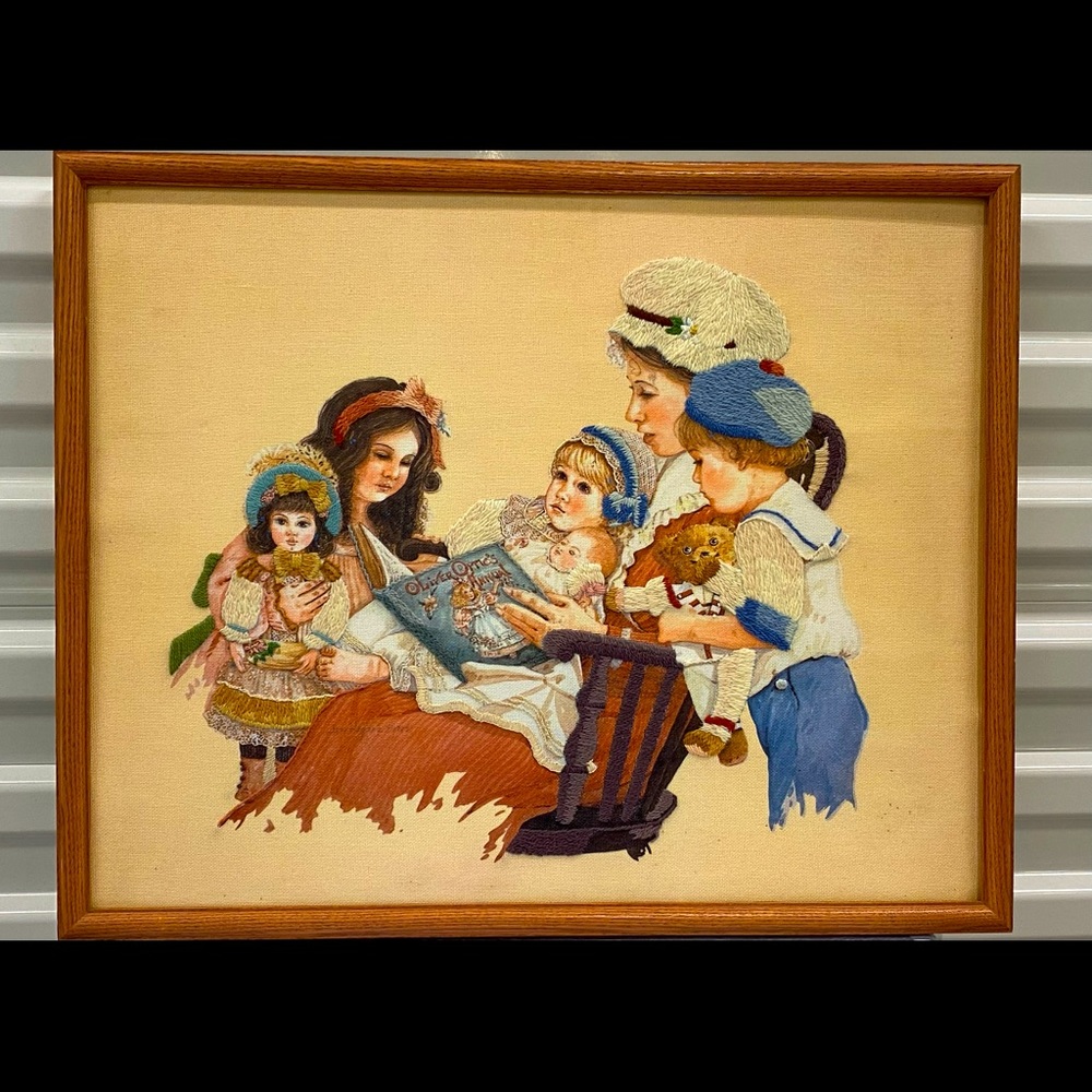 Vintage Embroidered Cross Stitch Art. Mother Reading to Children, Doll Teddybear